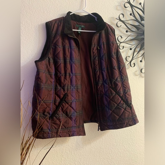Ralph Lauren Vest Women’s Size 2X Puffer Burgundy Plaid Polyester Full Zipper - Picture 1 of 11